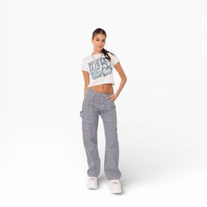 EDIKTED Blue Stripes Y2K Baggy Cargo 100% Cotton Pants | Size L | Retail $80